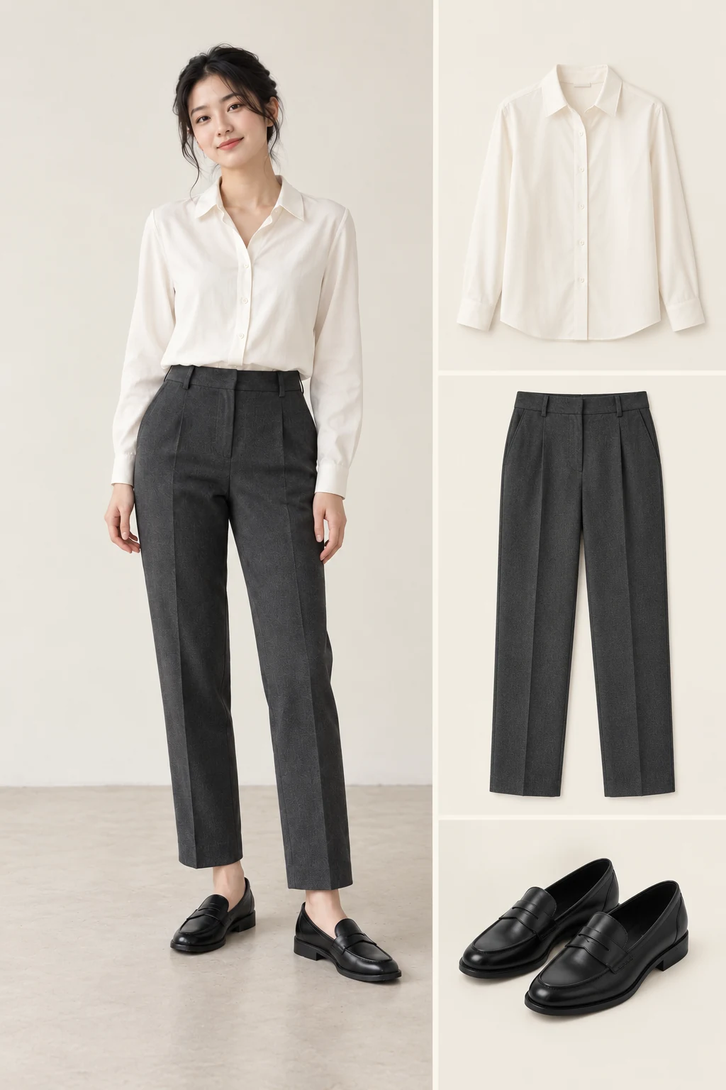 Generated adult model in an ivory blouse, charcoal ankle trousers and black penny loafers beside matching blouse, trouser and shoe-pair cutouts.