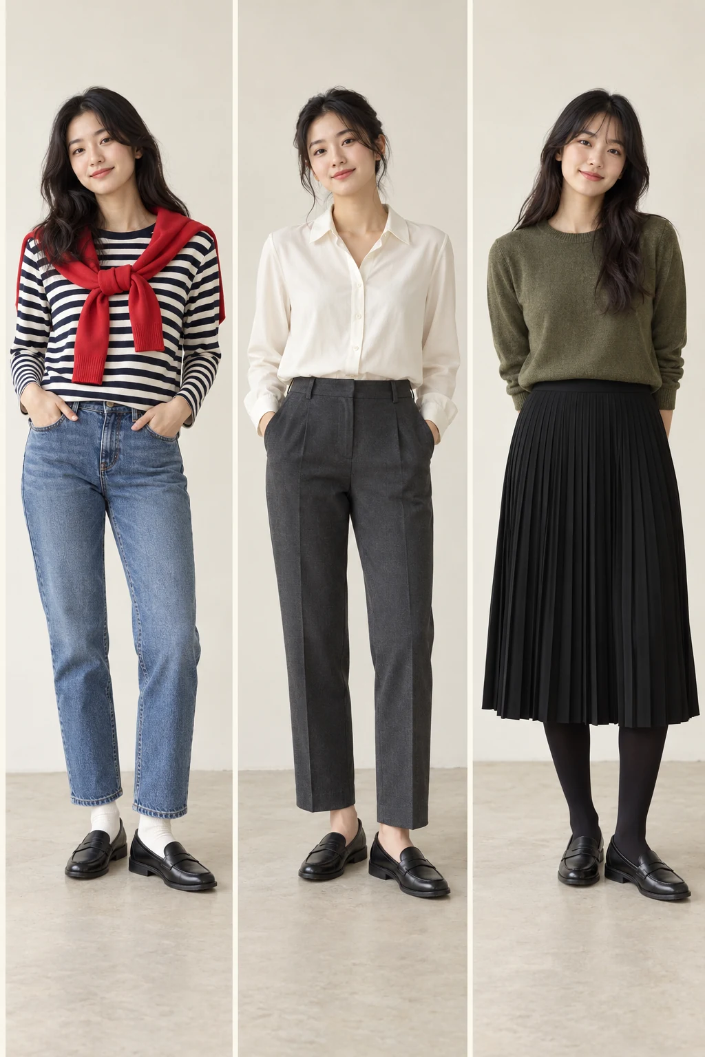 Three generated adult models wear the same plain black penny loafers with striped knit and jeans, an ivory blouse and charcoal trousers, and an olive knit with a black pleated midi skirt and tights.