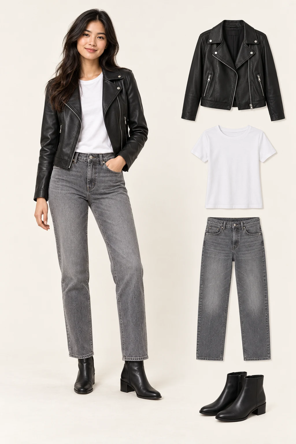Generated adult outfit and principal item cutouts: an open waist-length black leather-look biker jacket with a diagonal silver zip, a plain white crewneck T-shirt, washed-grey straight-leg ankle jeans, plain black low-heel ankle boots