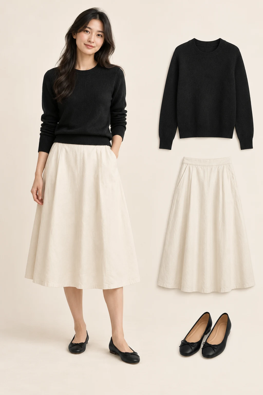 Generated adult outfit and principal item cutouts: a black long-sleeve crewneck knit sweater, an ecru A-line cotton-look midi skirt falling below the knees, plain black ballet flats