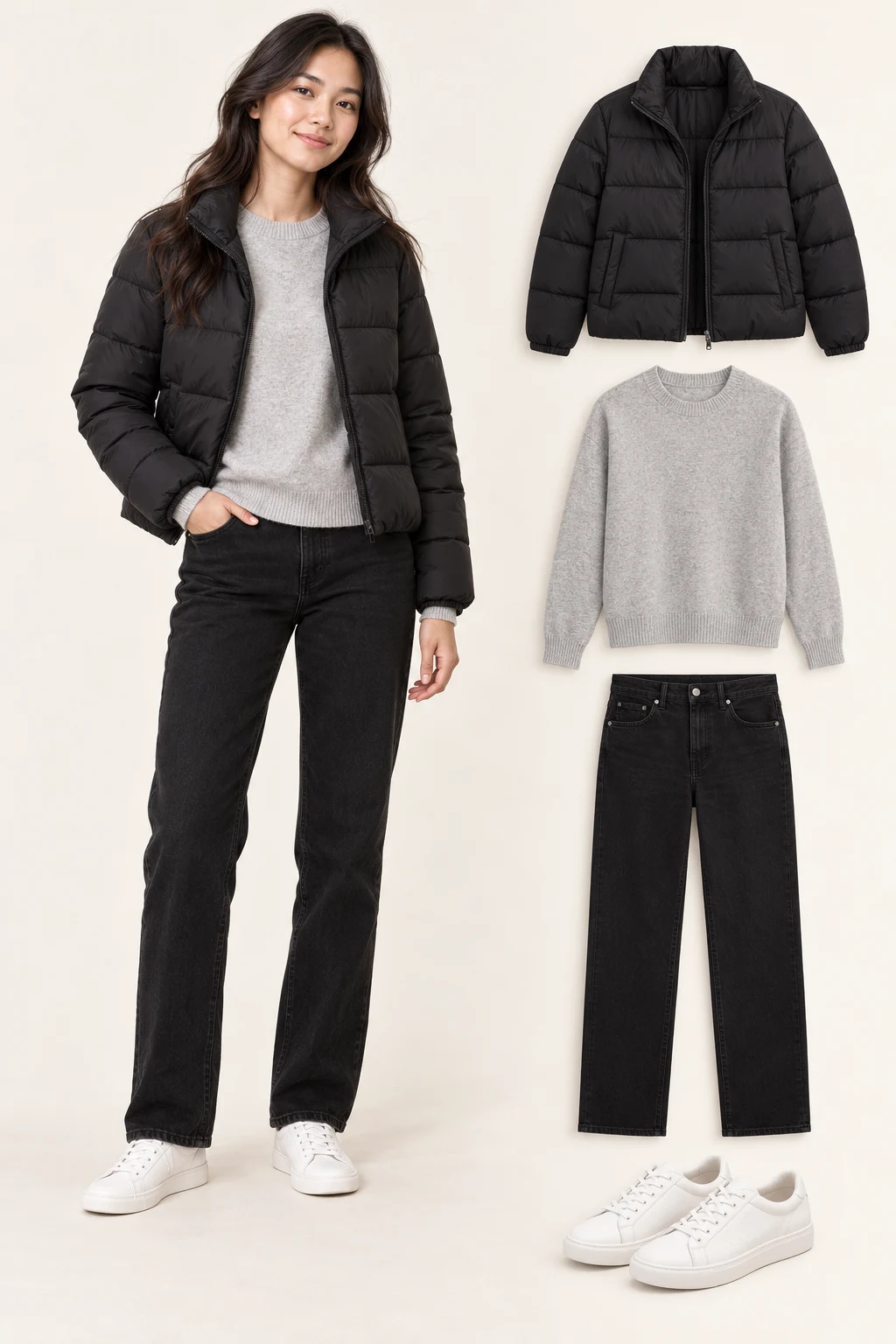 Generated adult outfit and principal item cutouts: an open waist-length black quilted puffer jacket, a light-grey crewneck sweater, black straight-leg jeans, white low-top sneakers