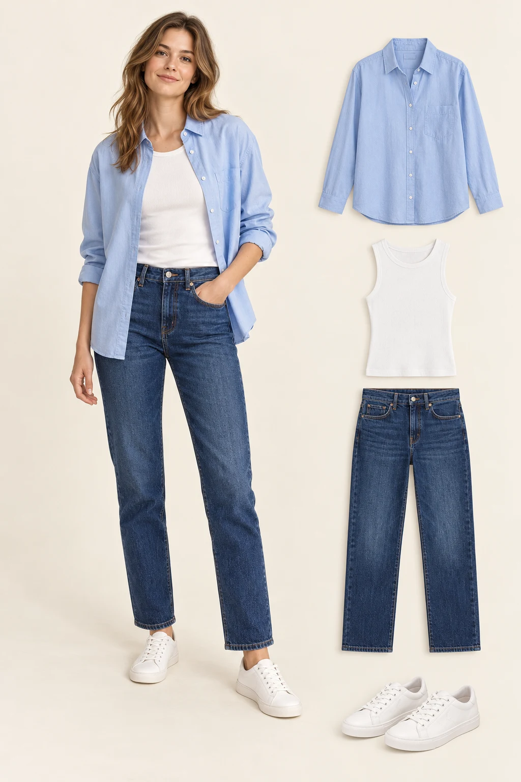 Generated adult outfit and principal item cutouts: an open powder-blue long-sleeve button-up shirt, a white sleeveless crewneck top, indigo straight-leg ankle jeans, white low-top sneakers