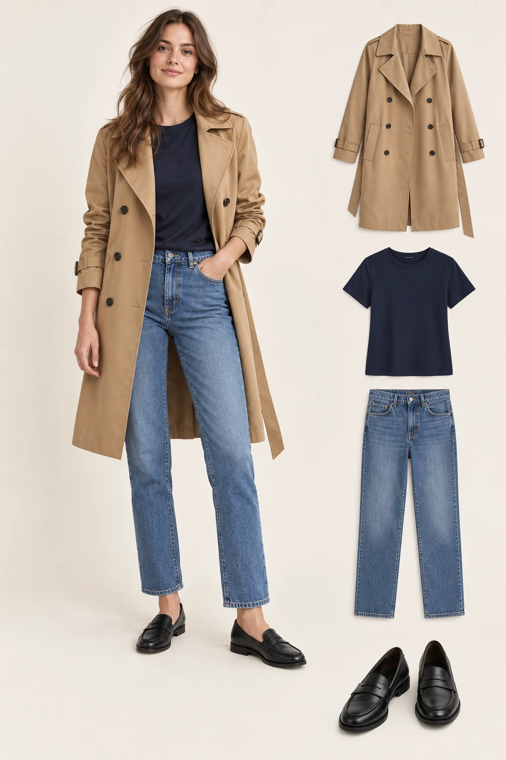 Generated adult outfit and principal item cutouts: an open knee-length camel trench coat with a loose belt hanging naturally, a navy crewneck T-shirt, medium-blue straight-leg ankle jeans, plain black penny loafers