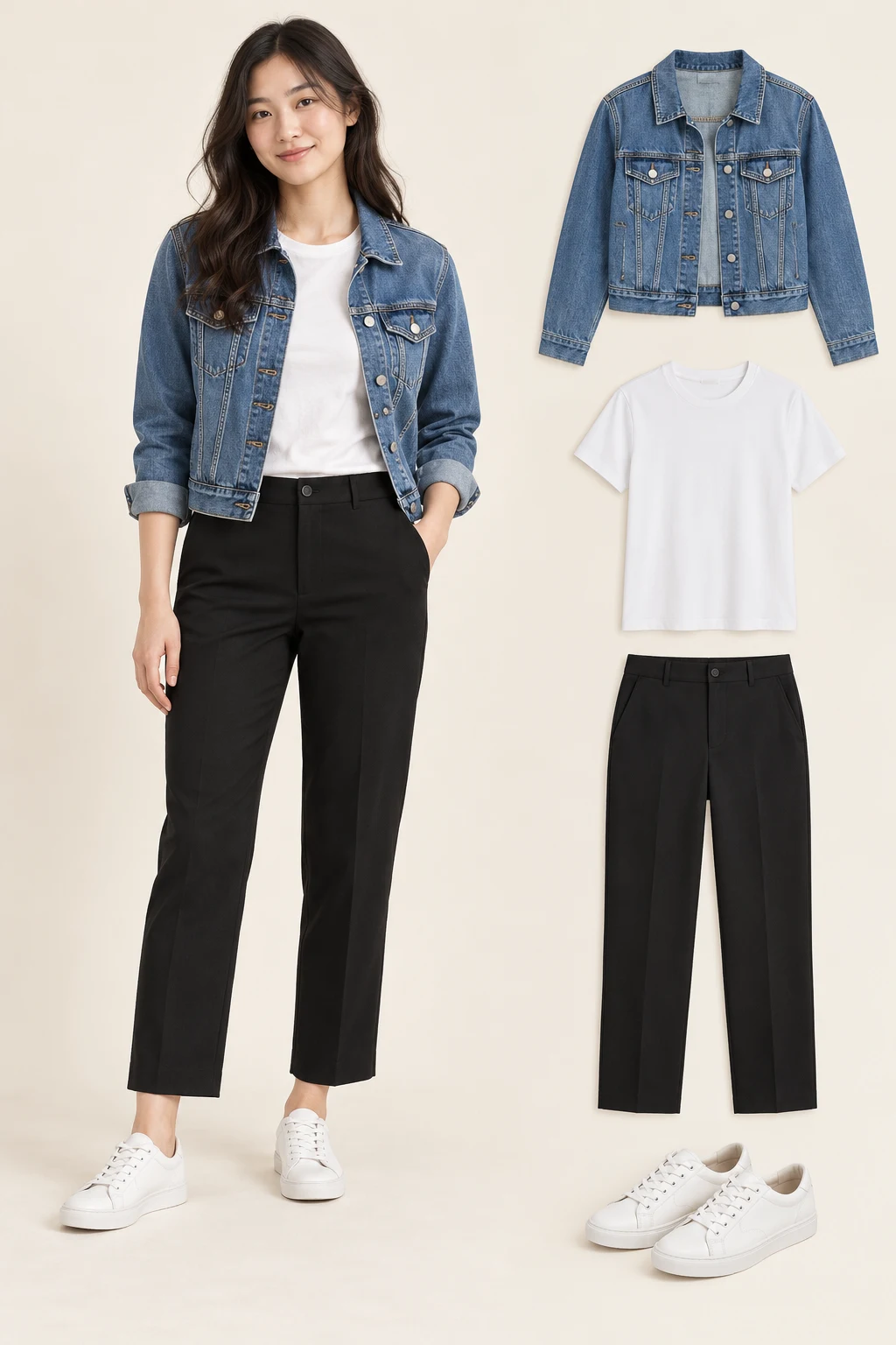 Generated adult outfit and principal item cutouts: An open waist-length medium-blue denim jacket, a plain white crewneck T-shirt, straight ankle-length black trousers, white low-top sneakers