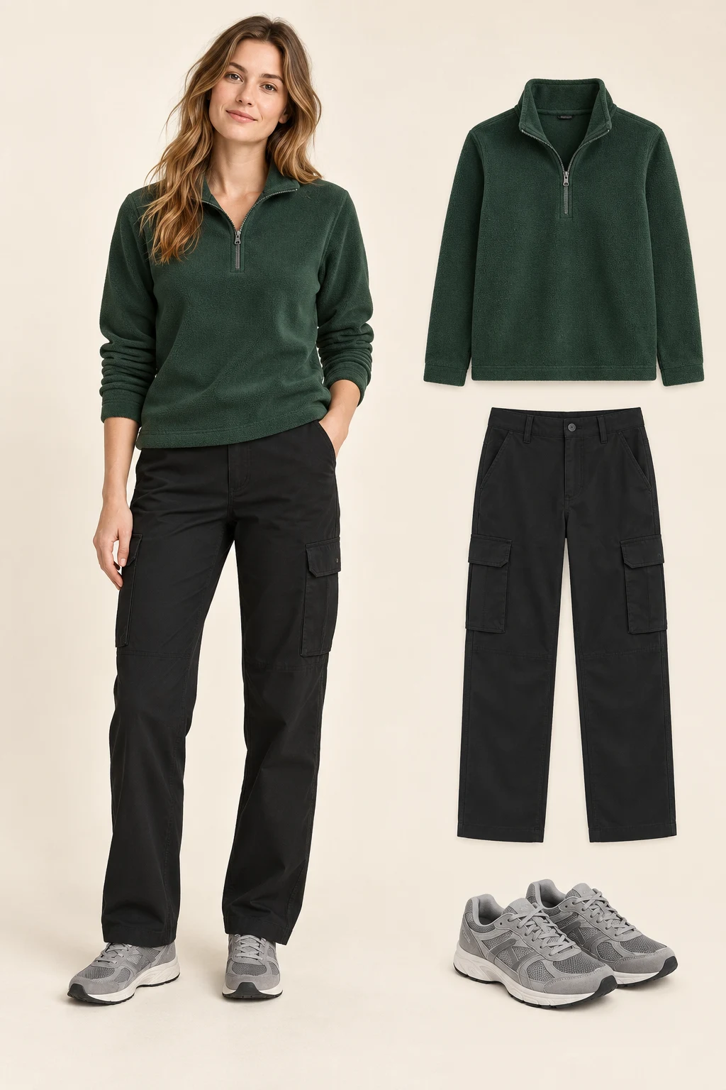Generated adult outfit and principal item cutouts: a forest-green quarter-zip fleece pullover, black straight-leg cargo trousers with modest side pockets, grey low-top running-style sneakers
