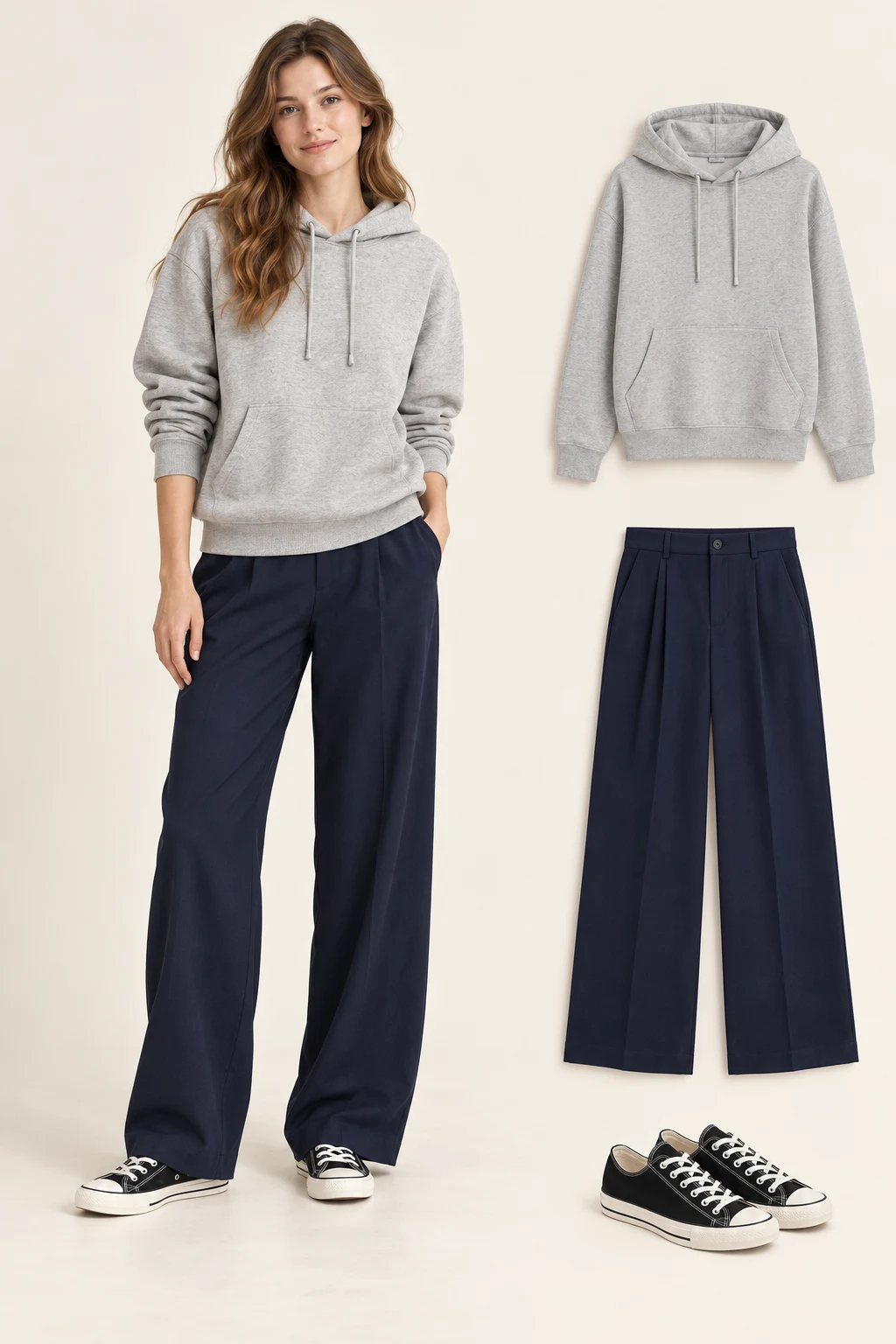 Generated adult outfit and principal item cutouts: a light-grey pullover hoodie, navy wide-leg full-length trousers, black canvas low-top sneakers with white rubber soles
