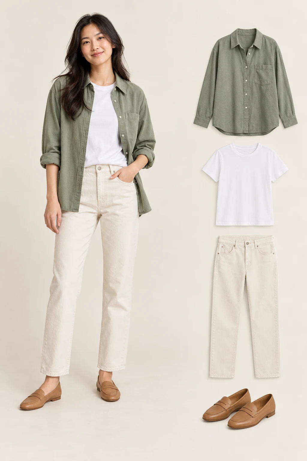 Generated adult outfit and principal item cutouts: an open sage-green button-front overshirt, a plain white crewneck T-shirt, ecru straight-leg ankle jeans, tan plain flat loafers