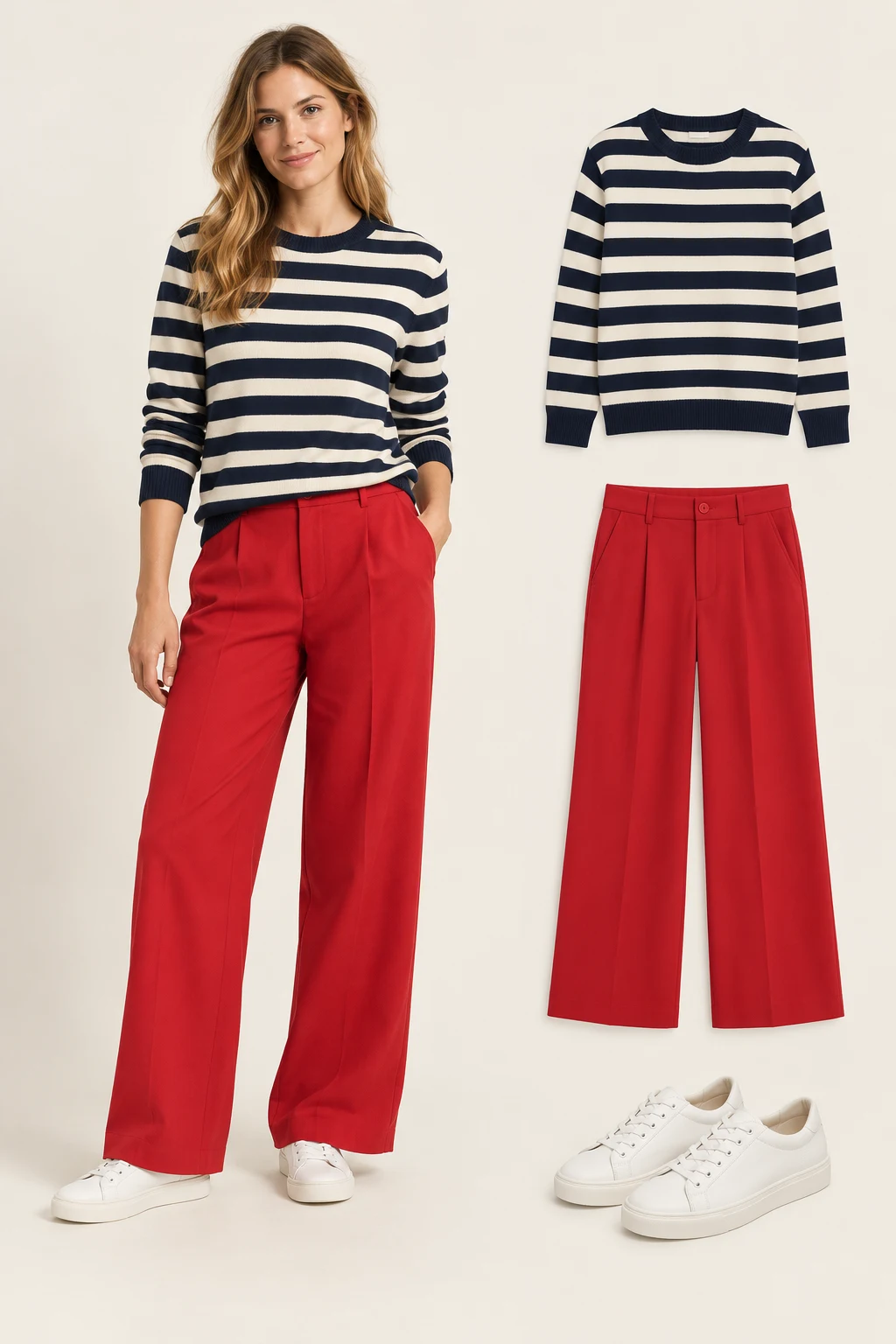 Generated adult outfit and principal item cutouts: a navy-and-ivory horizontally striped crewneck sweater, red wide-leg trousers, white low-top sneakers