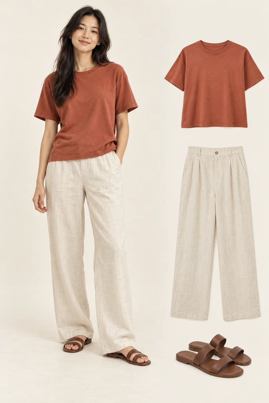 Generated adult outfit and principal item cutouts: a terracotta boxy short-sleeve crewneck T-shirt, cream relaxed full-length linen-look trousers, plain brown flat two-strap sandals