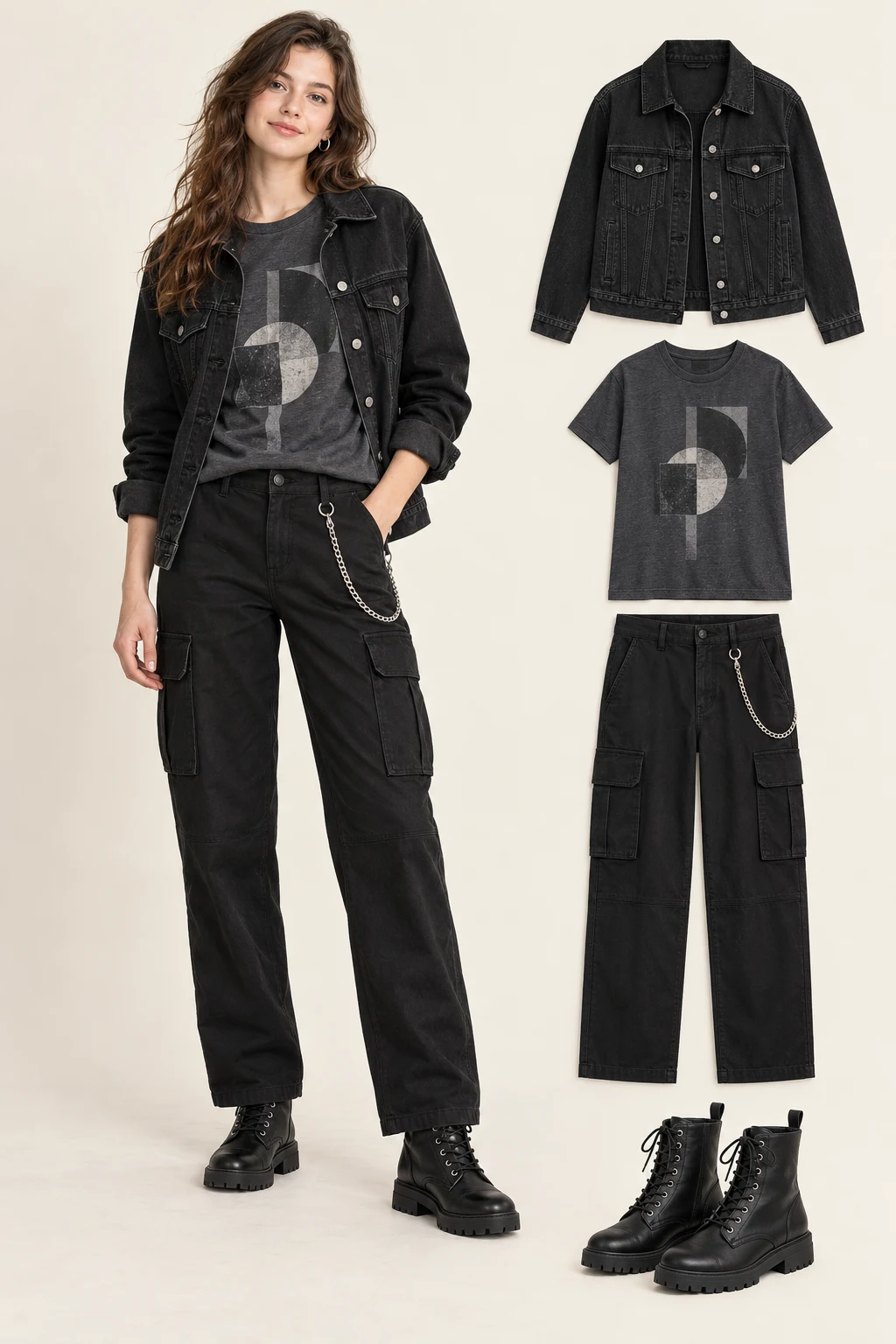 Generated adult model with matching item cutouts showing an open black denim jacket, a dark-grey crewneck T-shirt with an original abstract geometric print and no text, black straight cargo trousers, black lace-up ankle boots, a simple silver-tone chain attached to a real belt loop.