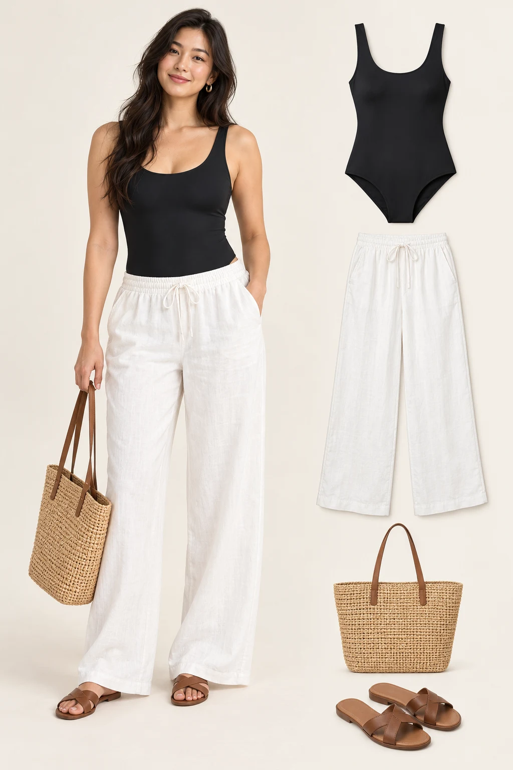 Generated adult model with matching item cutouts showing an opaque black classic full-coverage wide-strap one-piece swimsuit, opaque white relaxed wide-leg cover-up trousers, brown flat sandals, a plain woven-look tote.