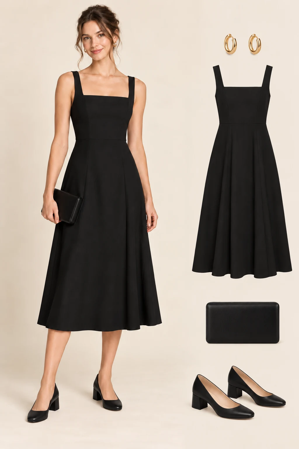 Generated adult model and matching principal cutouts: an opaque black sleeveless square-neck midi dress, black closed-toe low block-heel pumps, a small black rectangular clutch, small gold-tone hoop earrings