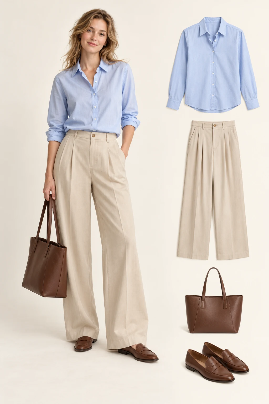 Generated adult model with matching item cutouts showing a pale-blue collared button-up shirt, beige pleated wide-leg trousers, brown flat loafers, a plain brown structured work tote.