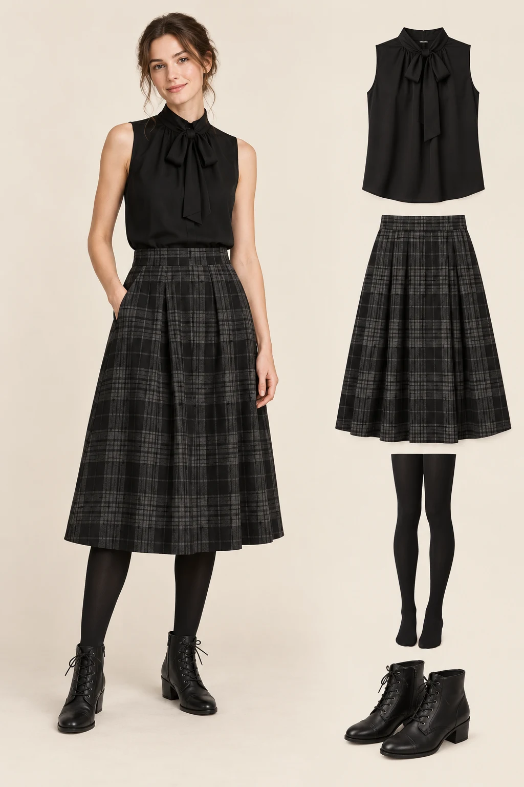 Generated adult model with matching item cutouts showing an opaque black high-neck sleeveless bow-collar blouse, a charcoal-and-black plaid midi skirt, opaque black tights, black low-heel lace-up ankle boots.