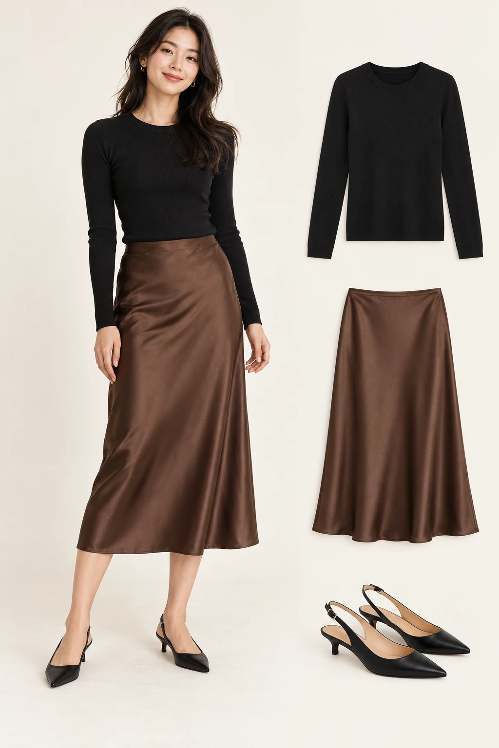 Generated adult model with matching item cutouts showing a chocolate-brown satin-look midi skirt, a black fitted long-sleeve crewneck knit, black pointed low-heel slingback shoes.