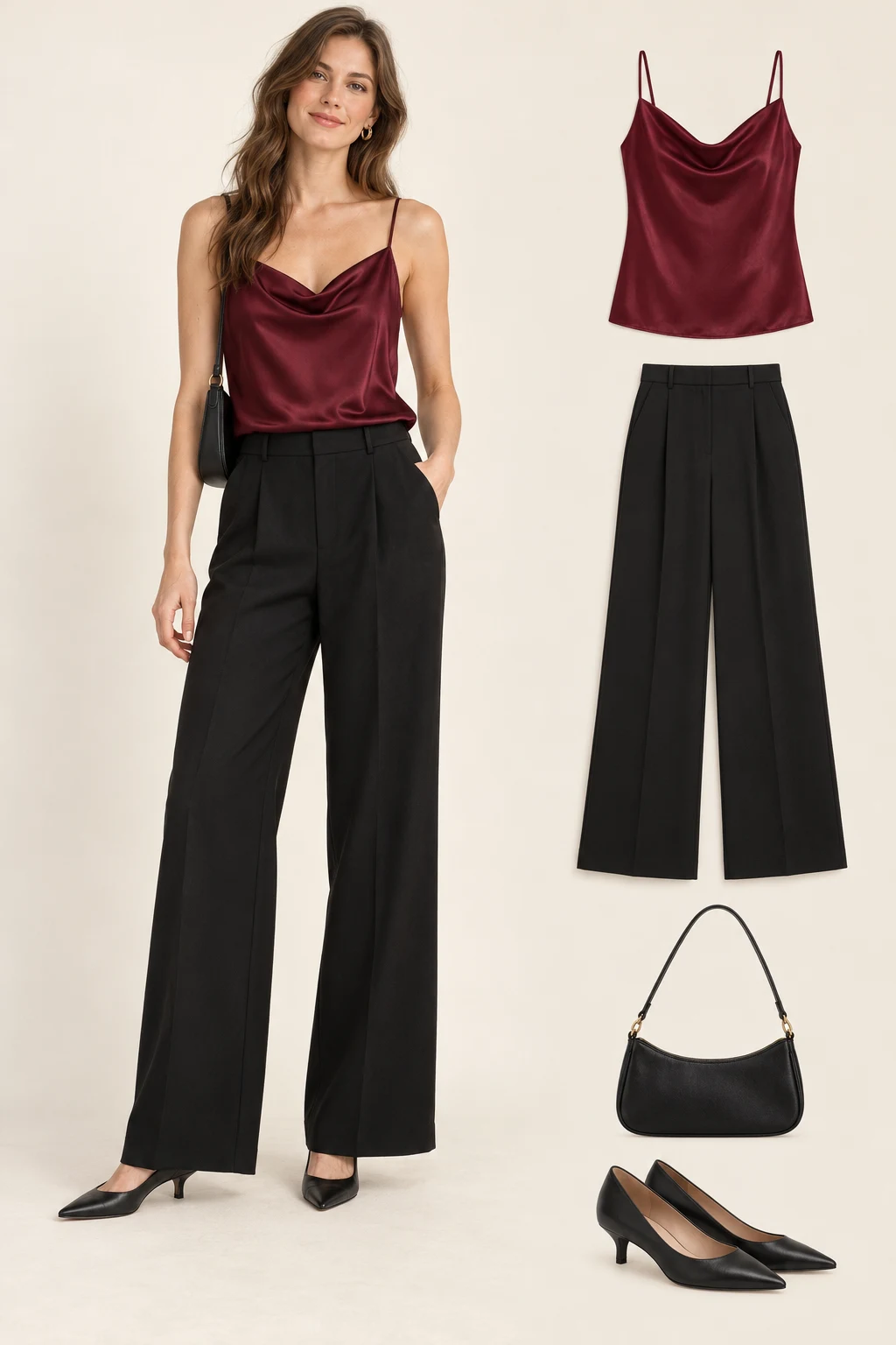 Generated adult model with matching item cutouts showing an opaque burgundy satin-look camisole with modest draped neckline, black full-length wide-leg trousers, black low-heel pointed pumps, a small black shoulder bag.