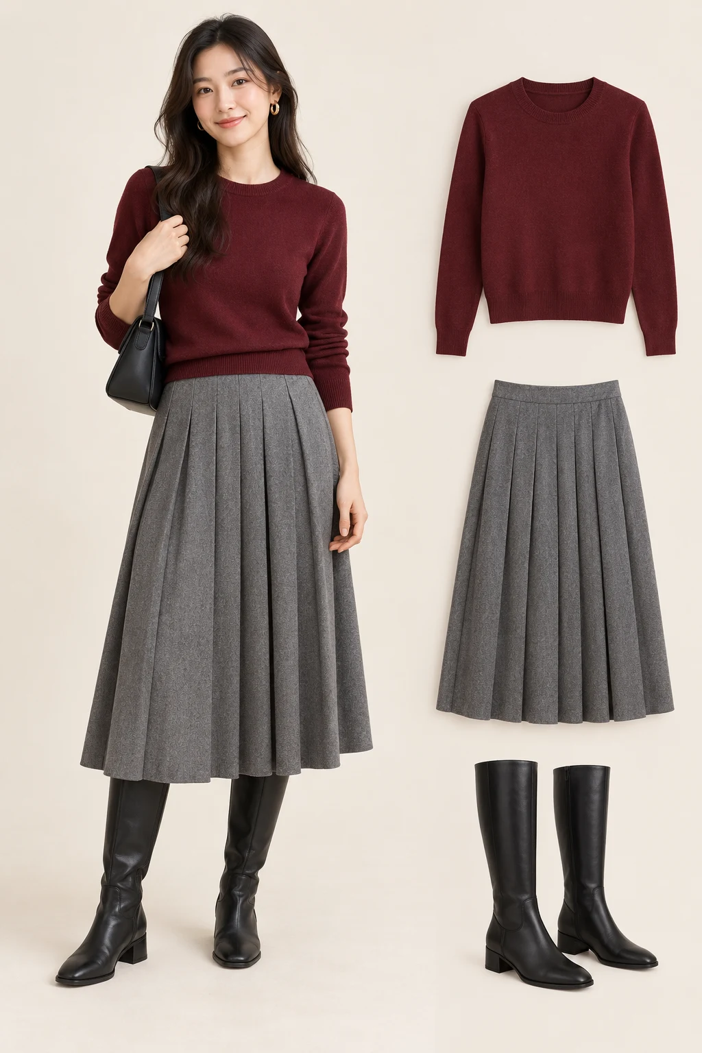 Generated adult model with matching item cutouts showing a burgundy fine-gauge crewneck knit, a grey pleated midi skirt, plain black knee-high low-heel boots.