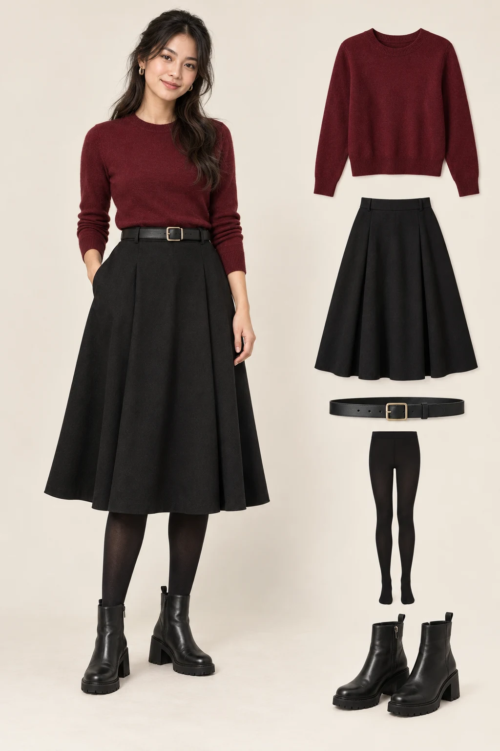 Generated adult model with matching item cutouts showing a burgundy long-sleeve crewneck knit, a black A-line midi skirt, opaque black tights, black chunky ankle boots, a plain black waist belt.