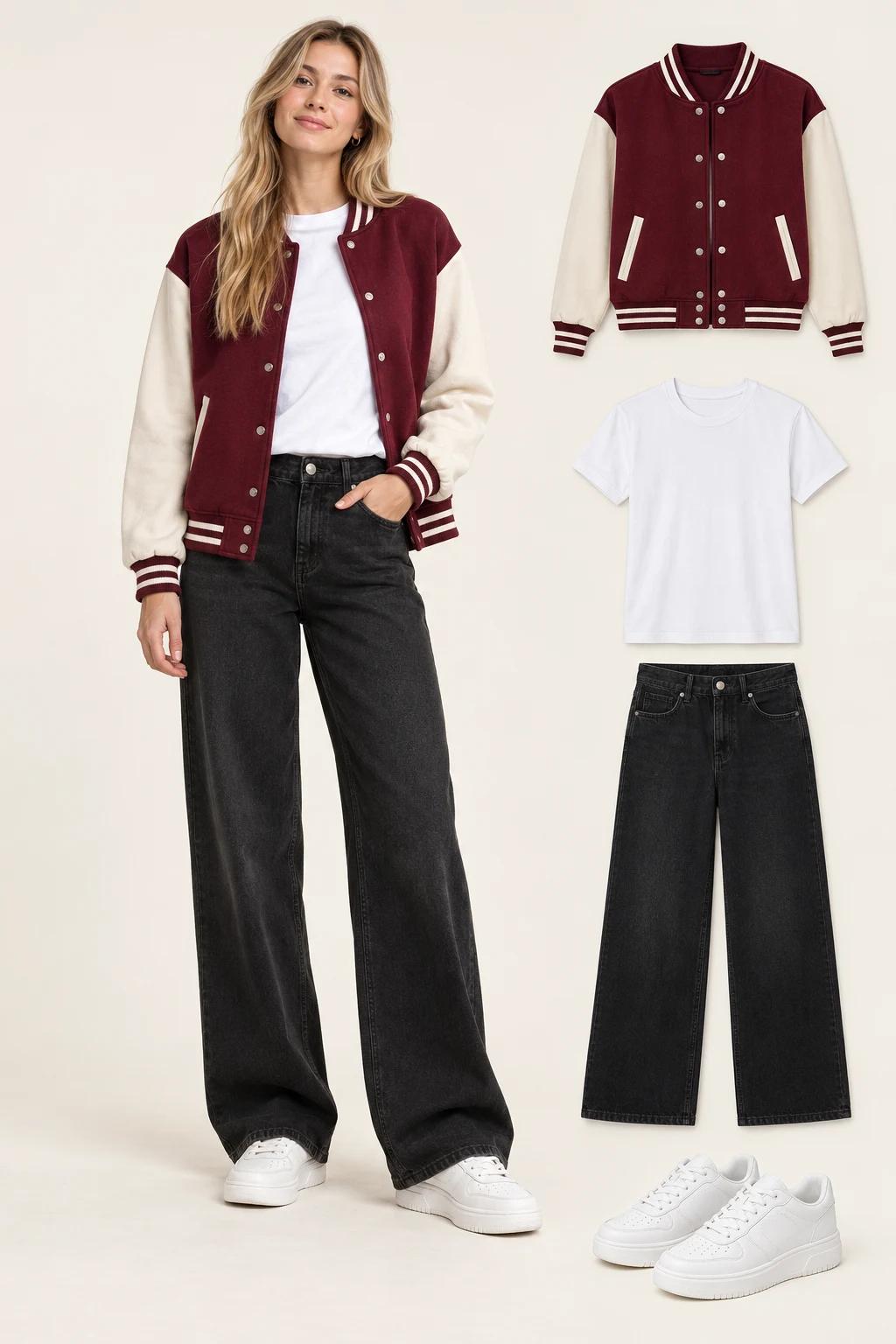 Generated adult model with matching item cutouts showing an open burgundy varsity jacket with cream sleeves and plain unlettered panels, a white crewneck T-shirt, black wide-leg jeans, white chunky low-top sneakers.
