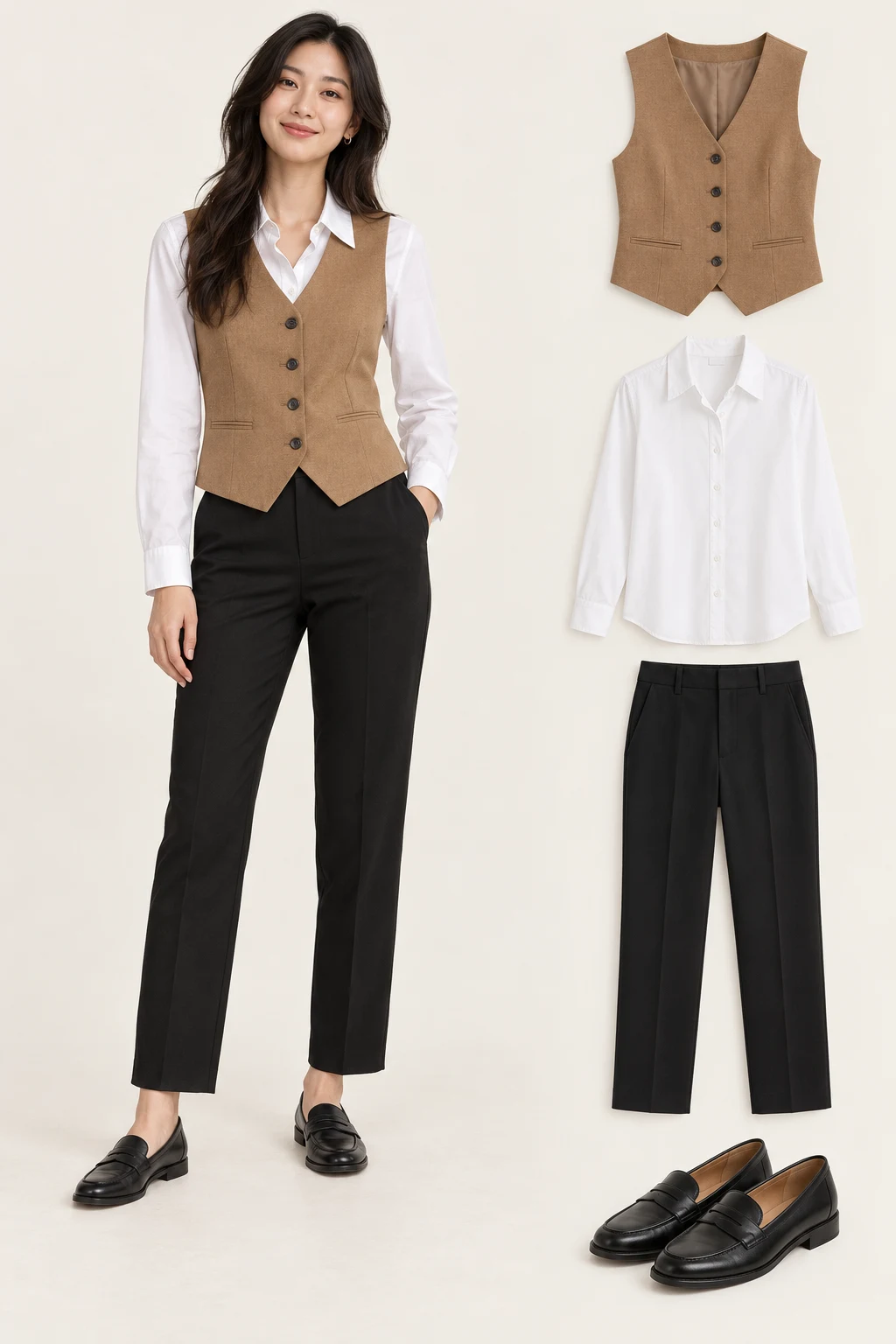 Generated adult model with matching item cutouts showing a buttoned camel tailored waistcoat, a white long-sleeve collared shirt beneath it, black straight ankle trousers, black penny loafers.