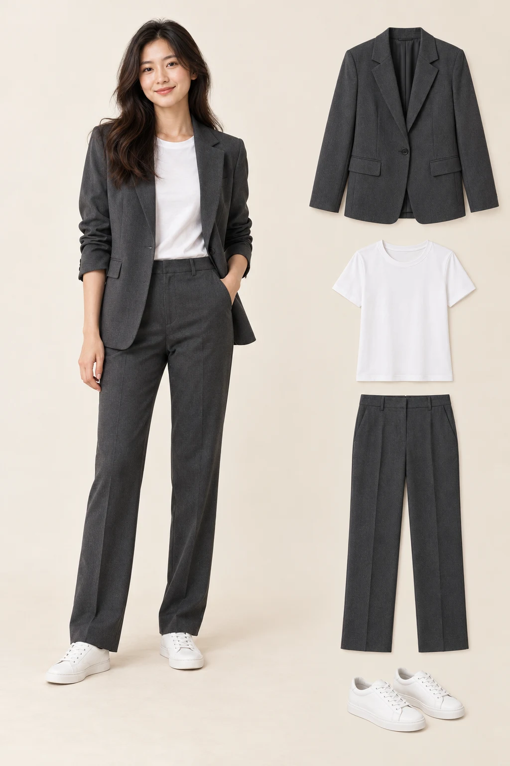 Generated adult model with matching item cutouts showing an open charcoal single-breasted blazer, a plain white crewneck T-shirt, matching charcoal straight trousers, white low-top sneakers.