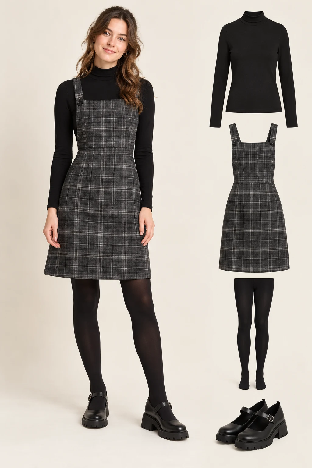 Generated adult model with matching item cutouts showing a dark-grey checked knee-length pinafore dress, an opaque black long-sleeve high-neck top underneath, opaque black tights, black chunky Mary Jane shoes.
