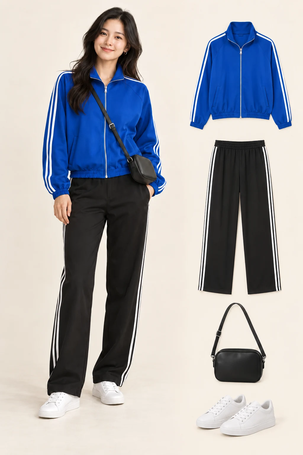 Generated adult model with matching item cutouts showing a cobalt-blue zip track jacket, black straight track trousers with two narrow white side stripes, white low-top sneakers, a small plain black crossbody bag.