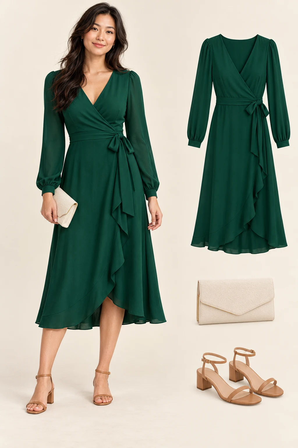 Generated adult model with matching item cutouts showing an opaque emerald-green long-sleeve wrap midi dress with modest V neckline, tan low-heel strappy sandals, a small ivory clutch.