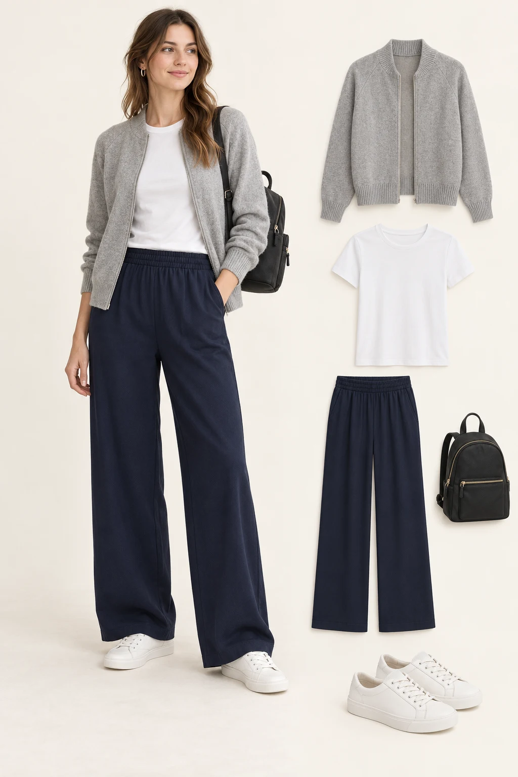 Generated adult model with matching item cutouts showing an open light-grey zip cardigan, a white crewneck top, navy wide-leg elastic-waist trousers, white low-top sneakers, a small black backpack.