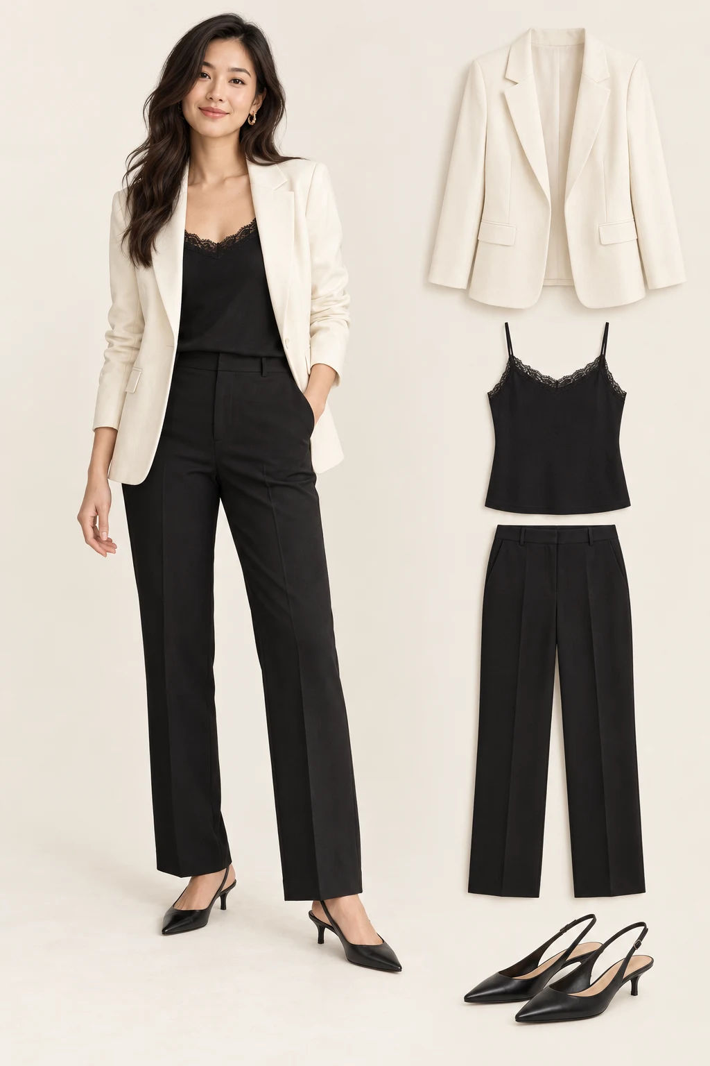 Generated adult model with matching item cutouts showing an open ivory tailored blazer, an opaque black shell top with narrow lace trim at its modest neckline, black straight full-length trousers, black low-heel slingback pumps.