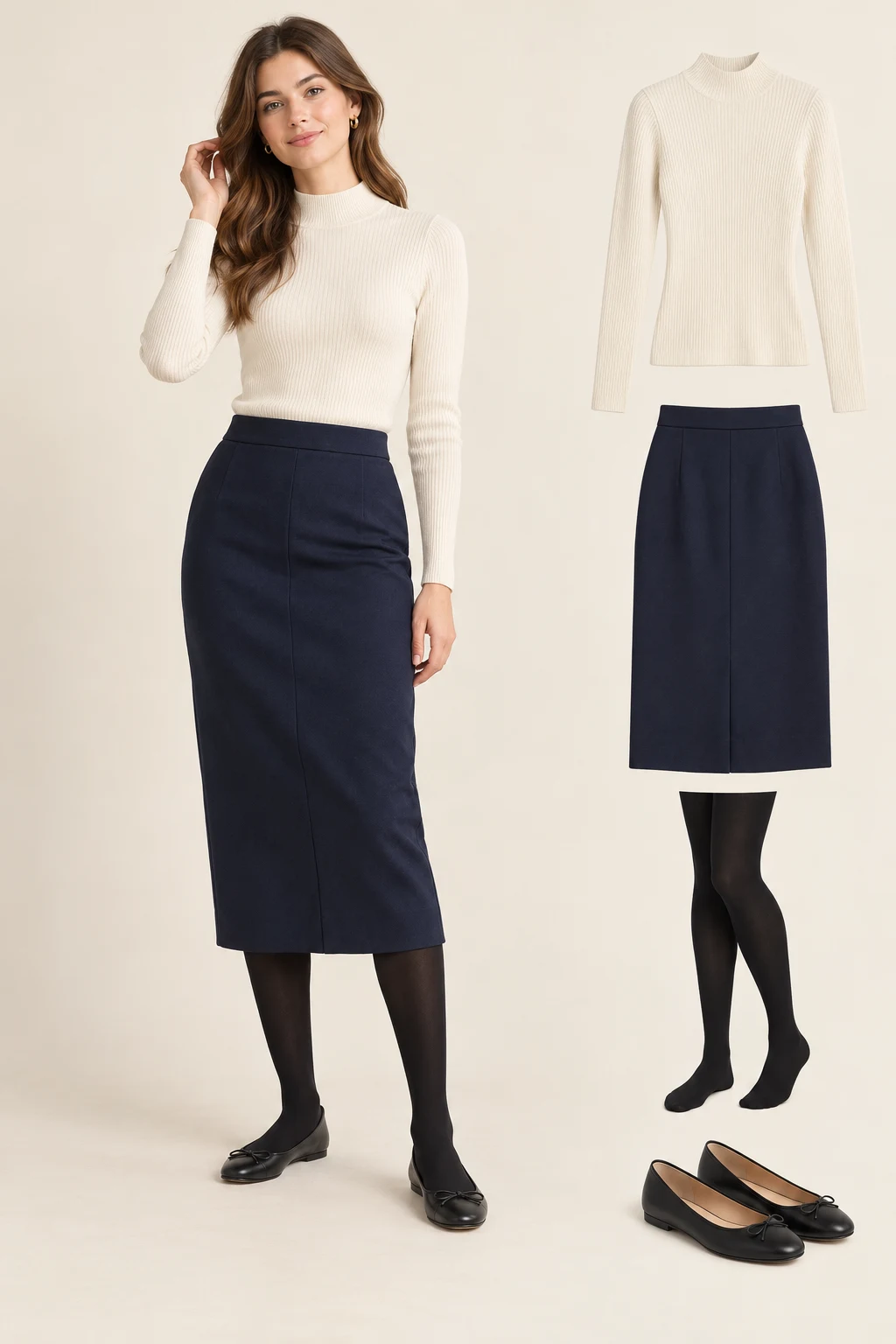 Generated adult model with matching item cutouts showing an ivory long-sleeve mock-neck knit, a navy midi pencil skirt, opaque black tights, black ballet flats.