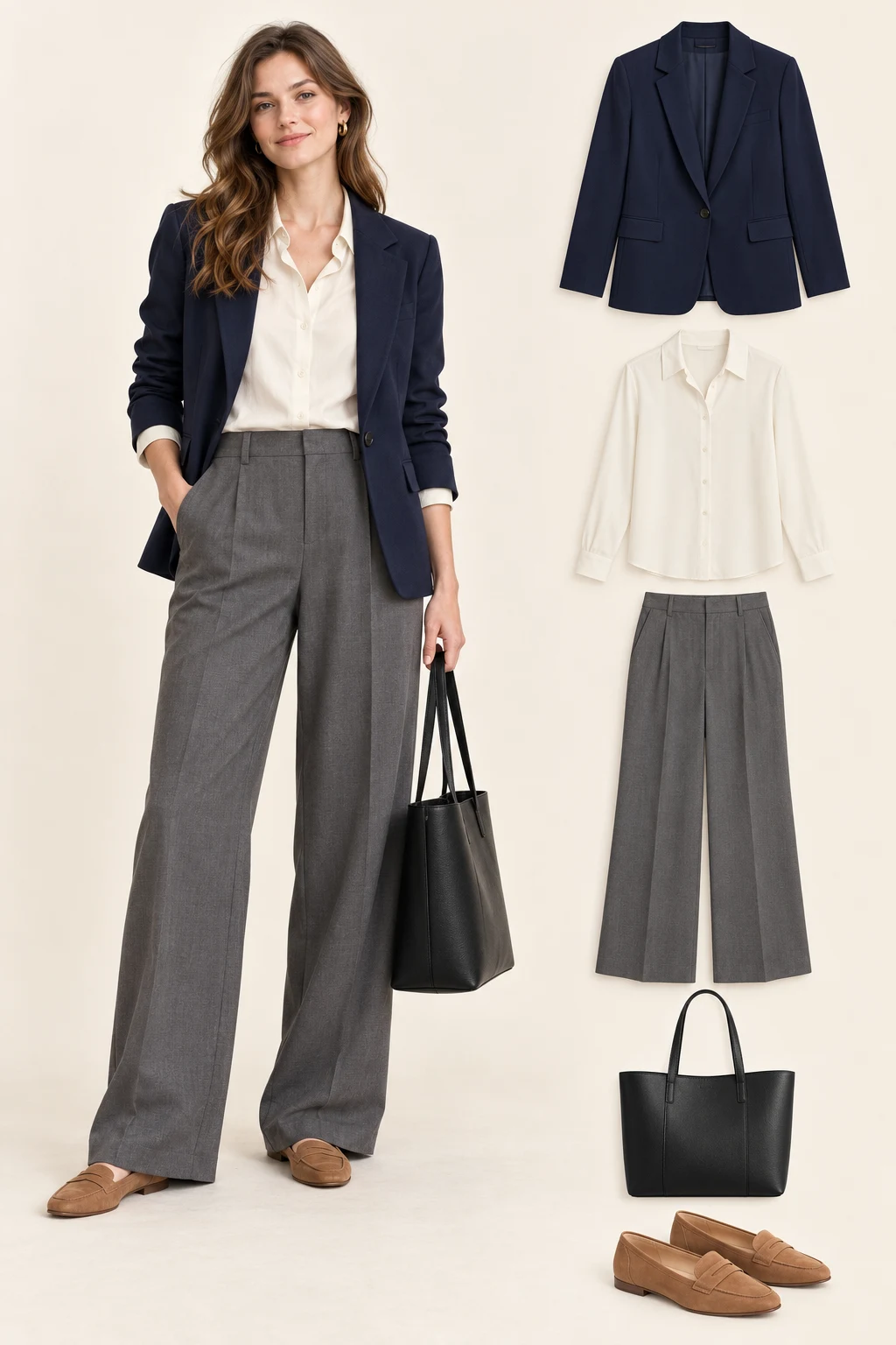 Generated adult model with matching item cutouts showing an open navy single-breasted blazer, an ivory collared blouse, slate-grey wide-leg trousers, tan flat loafers, a plain black structured work tote.