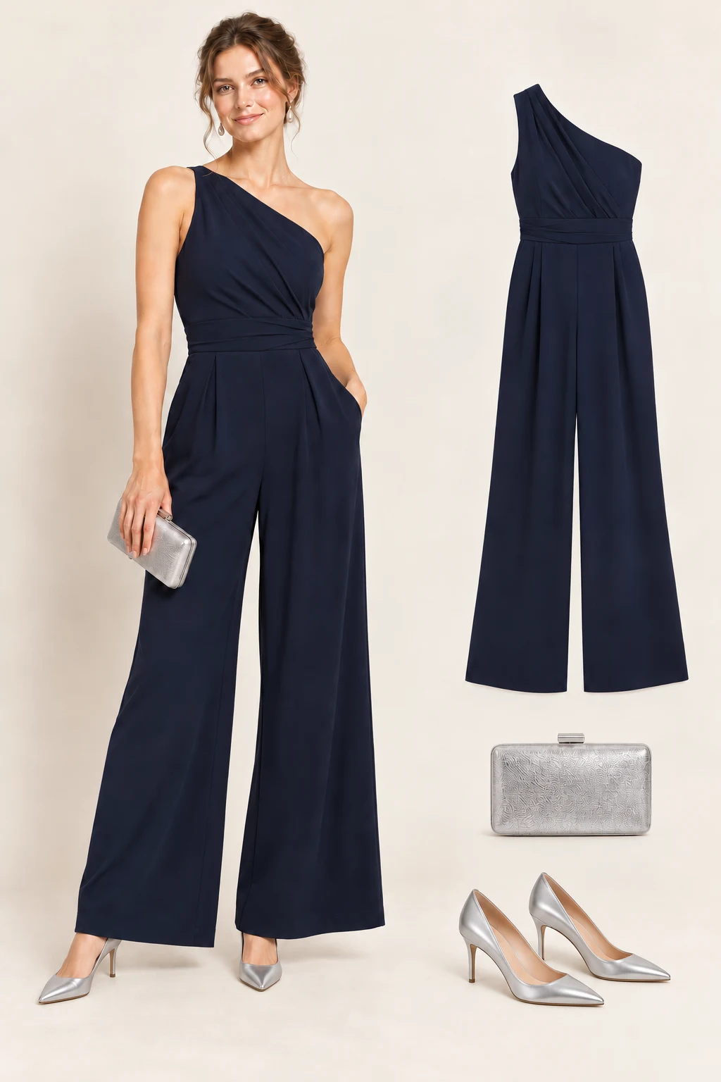 Generated adult model and matching principal cutouts: an opaque navy one-shoulder wide-leg jumpsuit, silver pointed-toe court shoes with slim heels, a small silver-tone clutch