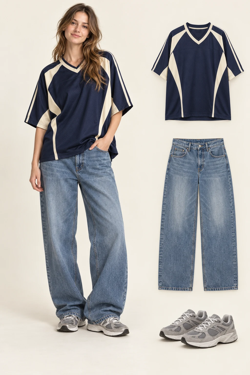 Generated adult model with matching item cutouts showing an oversized navy sports jersey with cream geometric panels and no logos or lettering, loose medium-blue full-length baggy jeans, grey chunky low-top sneakers.