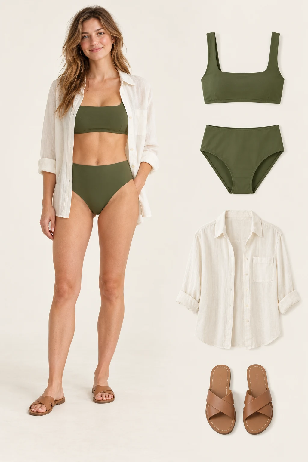 Generated adult model with matching item cutouts showing an opaque olive-green square-neck wide-strap bikini top, matching high-waist full-coverage bikini bottoms, an open hip-length opaque ivory button-up cover-up shirt, tan flat sandals.