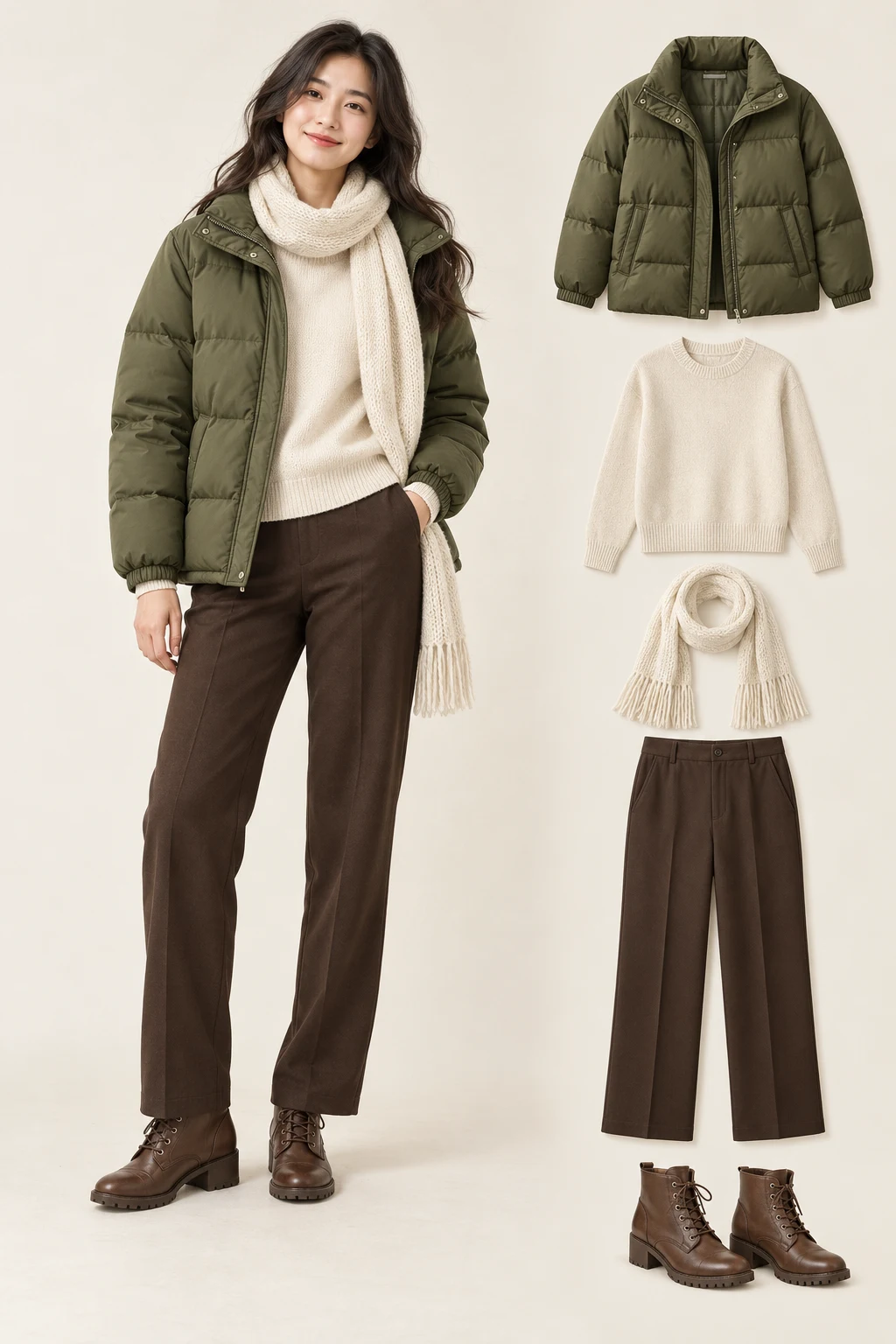 Generated adult model with matching item cutouts showing an open olive-green hip-length puffer jacket, a cream crewneck sweater, dark-brown straight trousers, brown low-heel lace-up ankle boots, a cream knitted scarf worn loosely.