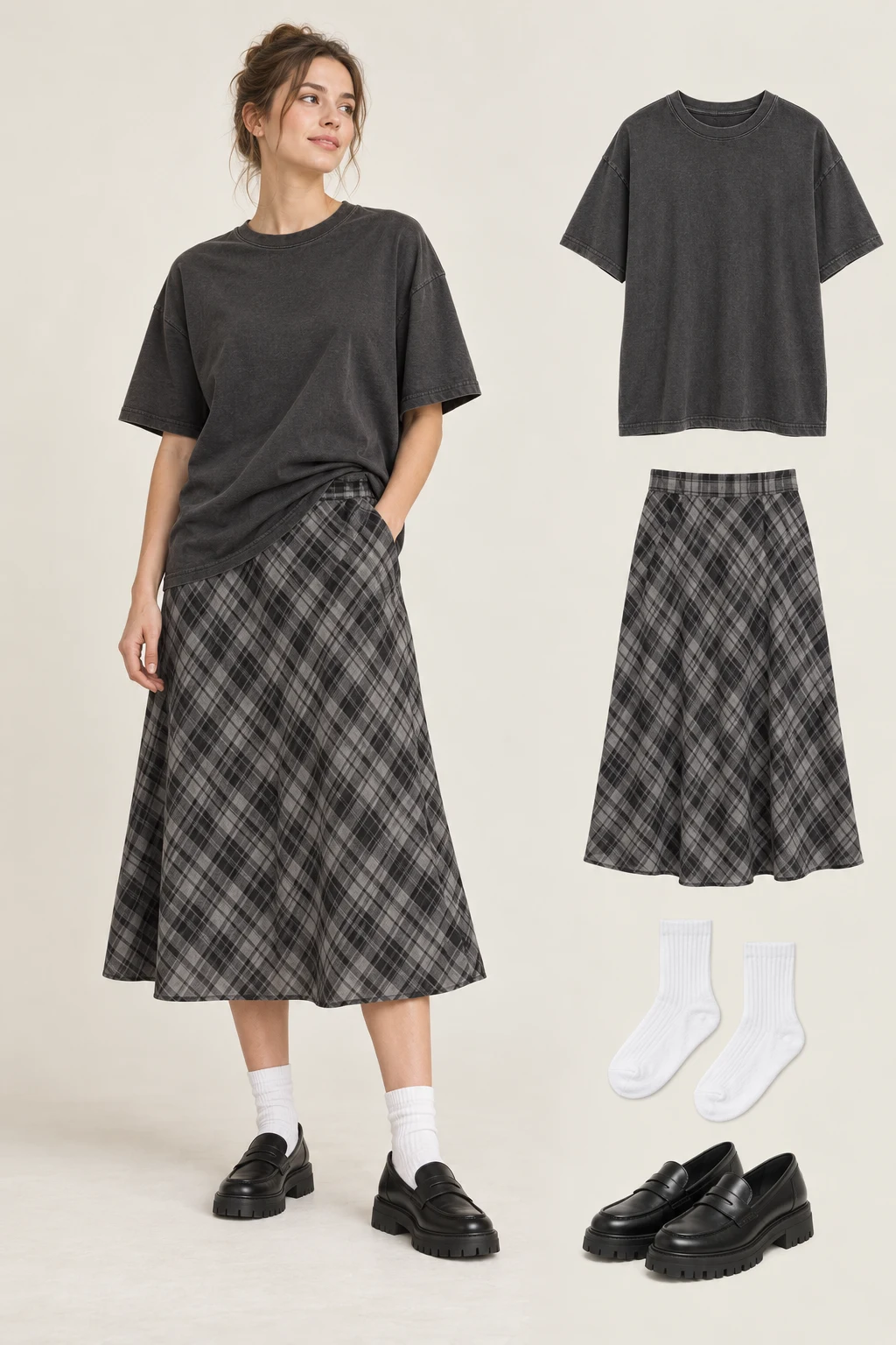 Generated adult model with matching item cutouts showing an oversized charcoal short-sleeve crewneck T-shirt, a grey-and-black plaid midi skirt, white crew socks, black chunky flat loafers.