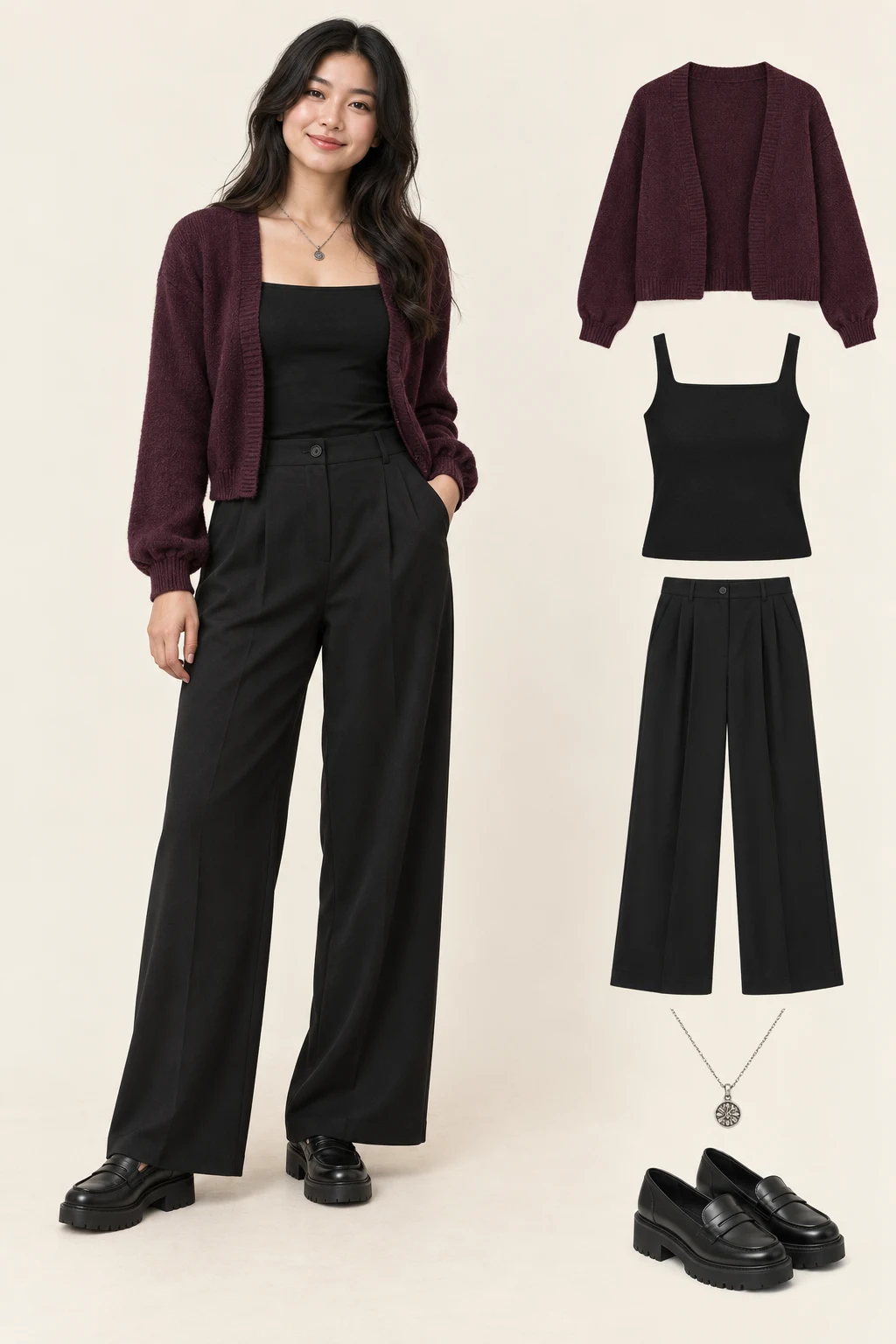 Generated adult model with matching item cutouts showing an open dark-plum waist-length cardigan, an opaque black modest square-neck top, black wide-leg full-length trousers, black platform loafers, a small antique-silver-tone pendant necklace.