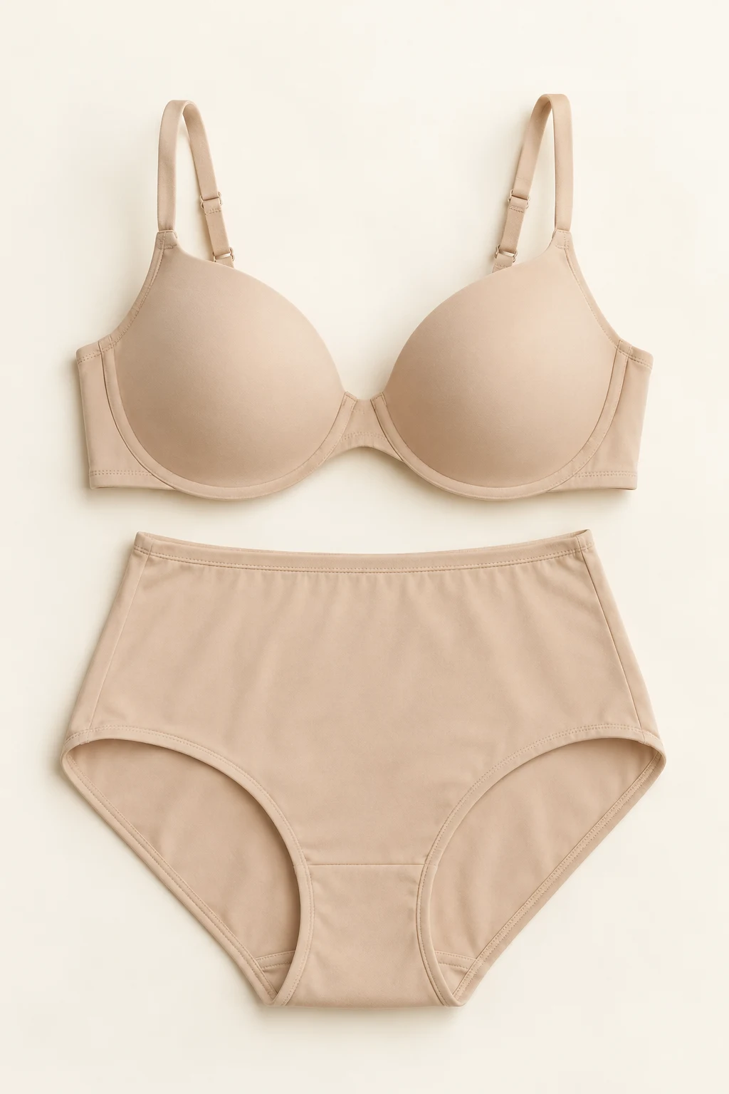 Generated flatlay showing a beige opaque smooth moulded-cup everyday bra with adjustable straps, matching opaque high-rise full-coverage briefs.
