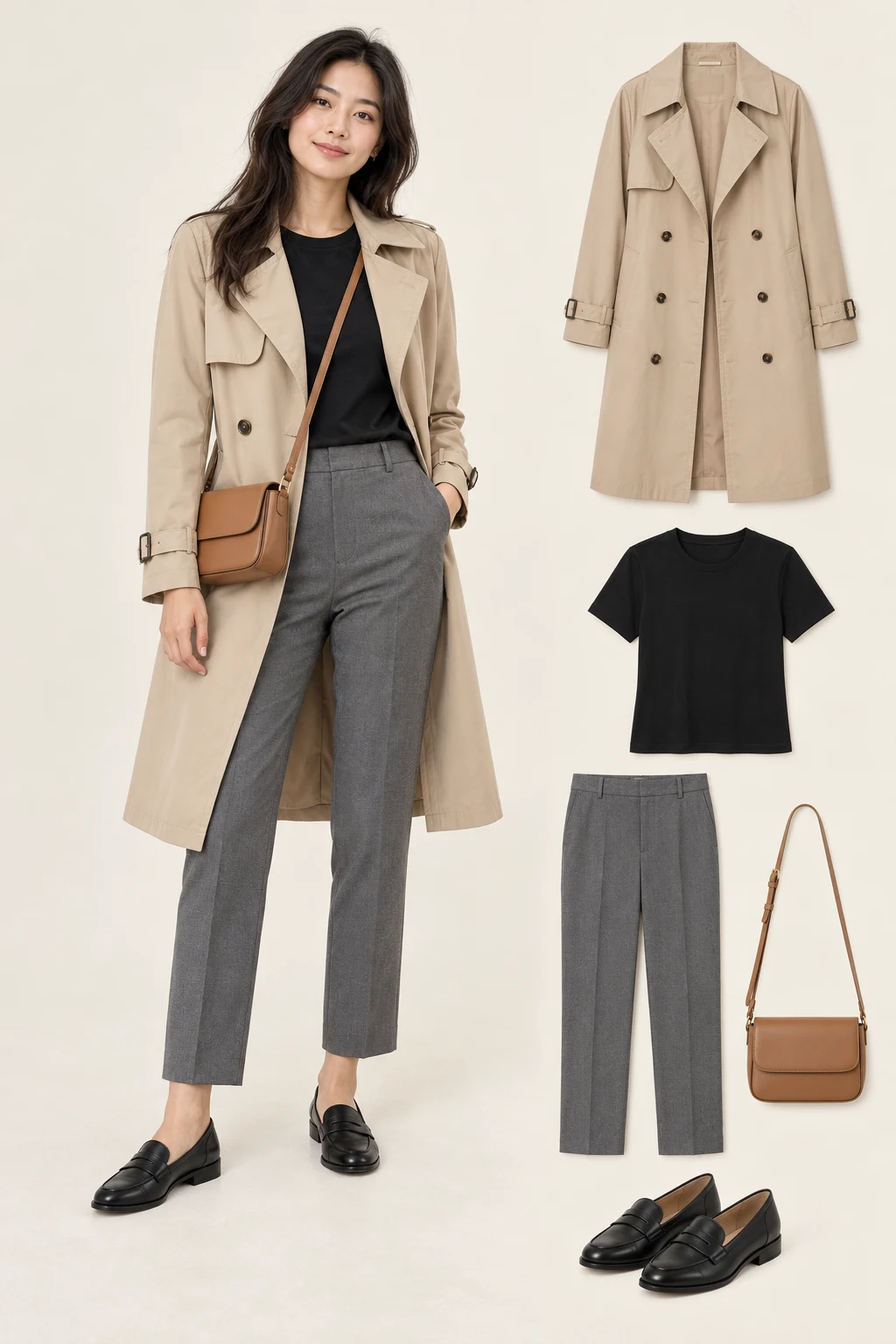 Generated adult model with matching item cutouts showing an open stone-beige knee-length trench coat, a black crewneck T-shirt, grey straight ankle trousers, black flat loafers, a compact tan crossbody bag.