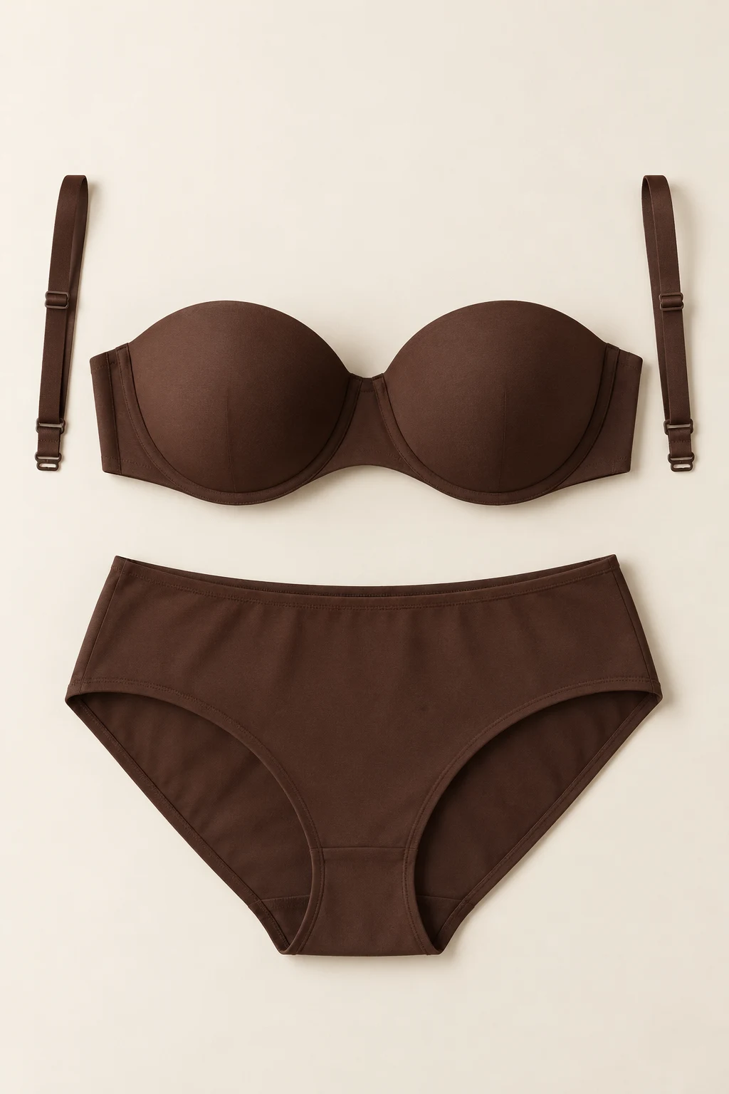 Generated flatlay showing a deep-brown opaque structured strapless bra with detachable straps laid separately beside it, matching opaque deep-brown full-coverage briefs.