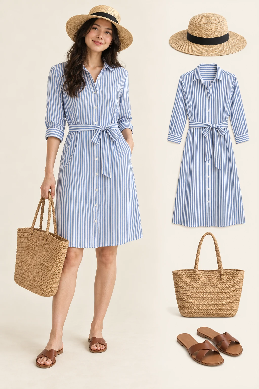 Generated adult model with matching item cutouts showing an opaque blue-and-white vertically striped knee-length shirt dress with a modest collar and tied waist, brown flat sandals, a plain woven-look tote, a straw-look brimmed hat.