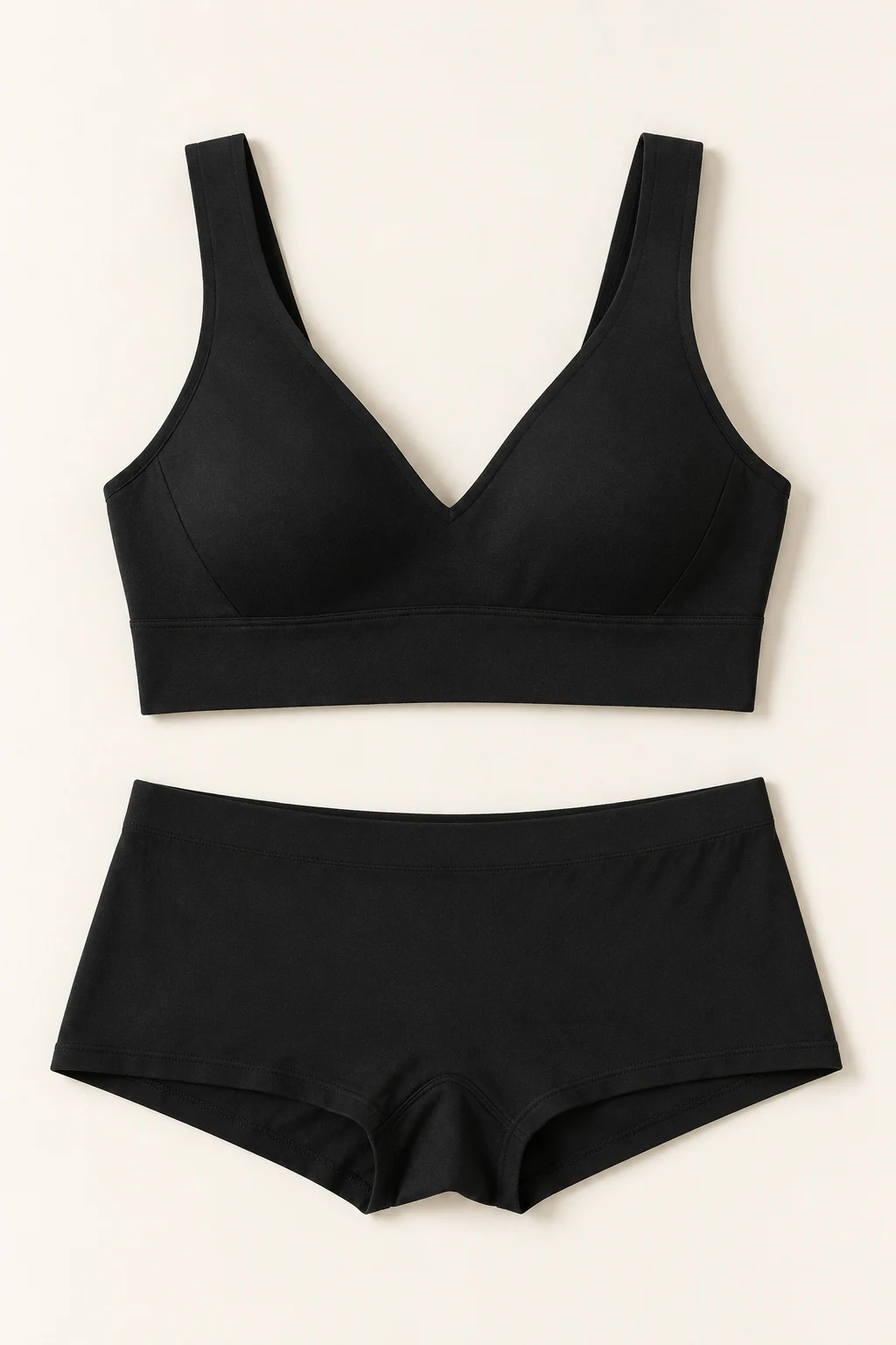 Generated flatlay showing a black opaque wireless longline V-neck bralette with broad straps, matching opaque black boyshort underwear.