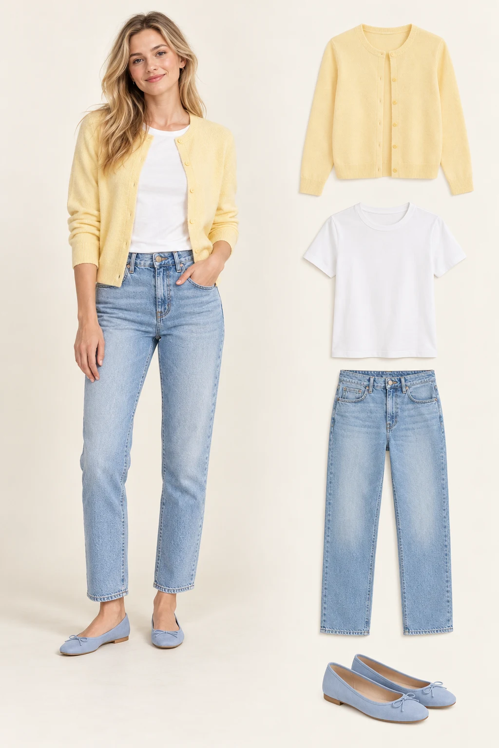 Generated adult model with matching item cutouts showing an open pale-yellow waist-length cardigan, a white crewneck top, light-blue straight ankle jeans, pale-blue ballet flats.