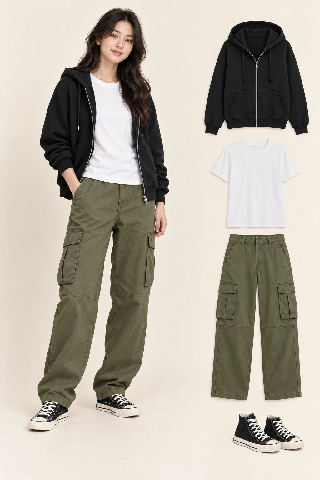 Generated adult model with matching item cutouts showing an open waist-length black zip hoodie, a plain white crewneck T-shirt, olive-green loose cargo trousers, black canvas high-top sneakers.